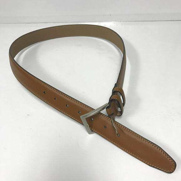 Mens Belt 34-36 Brown Leather Top Synthetic Lining Stitching Silver Tone Buckle - Picture 1 of 5